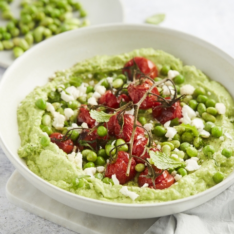 Edamame Hummus with Roasted Cherry Tomatoes 