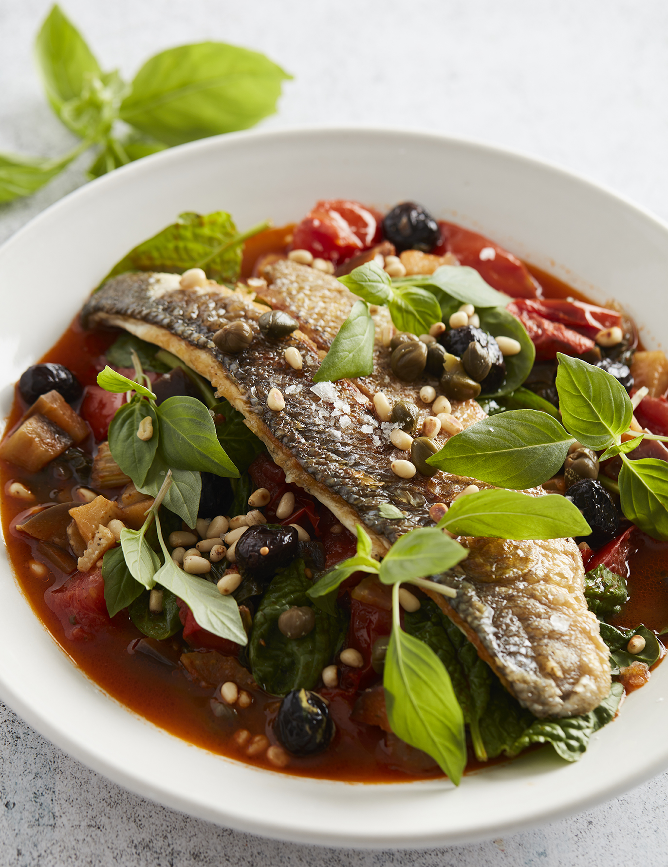 Italian ‘Caponata’ Vegetable Stew with Crispy Sea Bass (Mediterranean