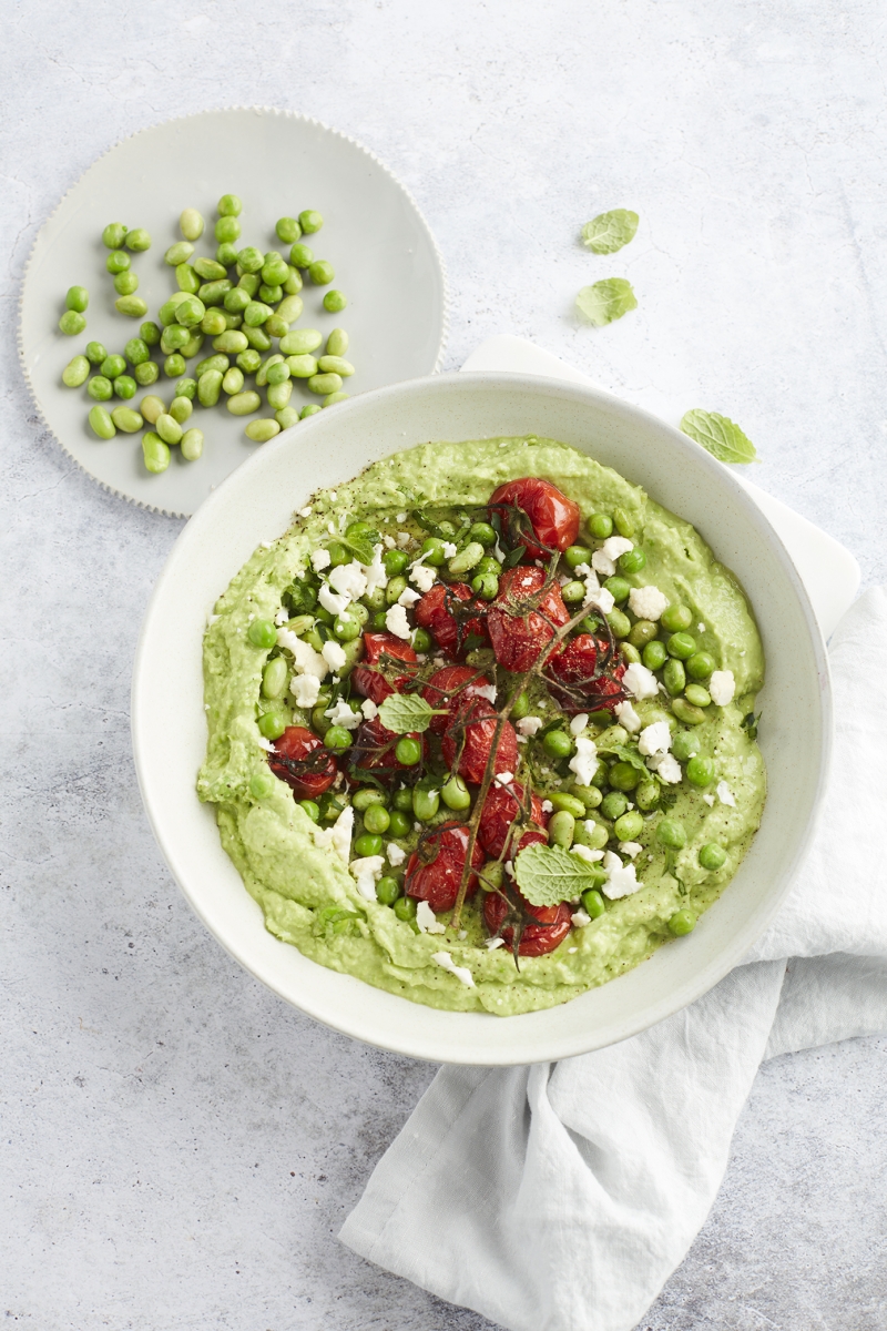 Edamame Hummus with Roasted Cherry Tomatoes (Vegan, Low Carb, High in Protein)