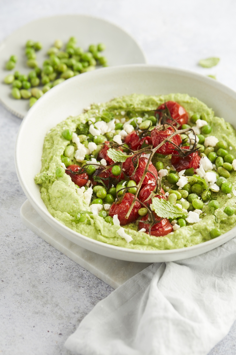 Edamame Hummus with Roasted Cherry Tomatoes (Vegan, Low Carb, High in Protein)